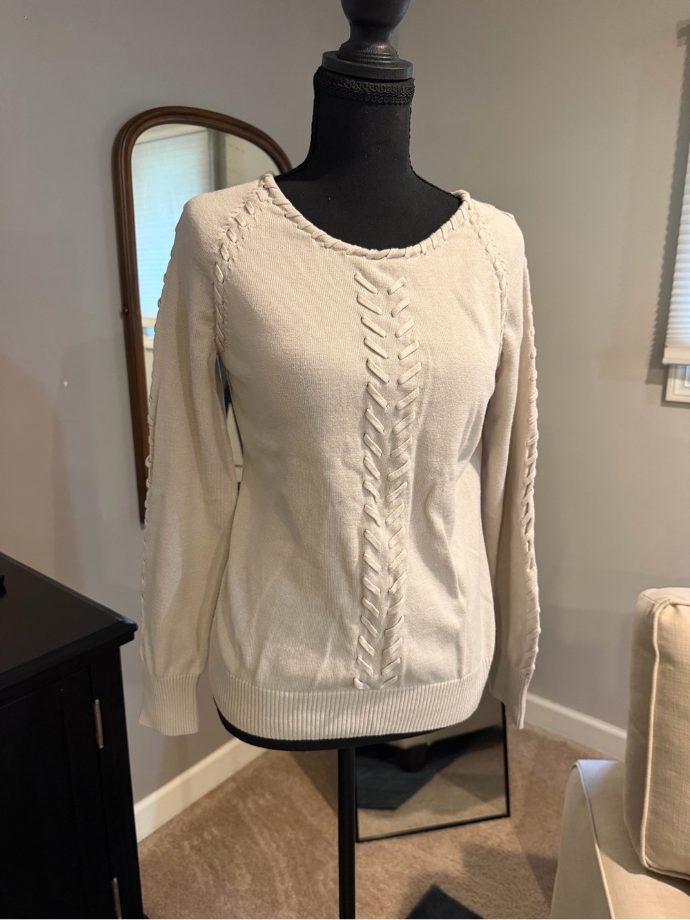 Tribal Cream Braided Cable Crewneck Sweater